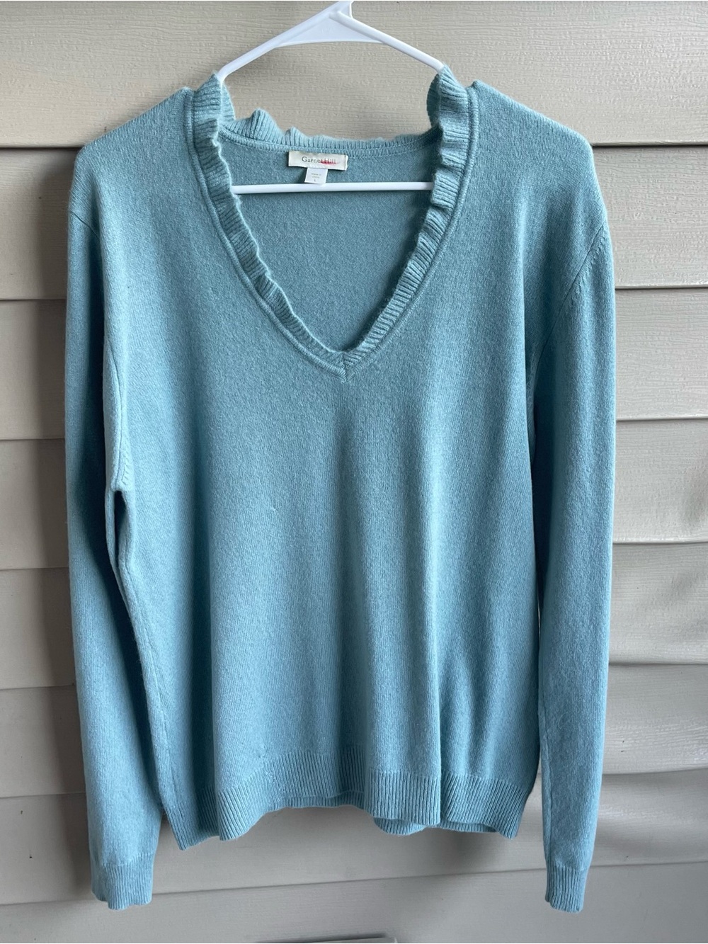 Cashmere Garnet Hill Sweater Sz L Toasted Tan Ruffle V Neck Business Casual Luxe